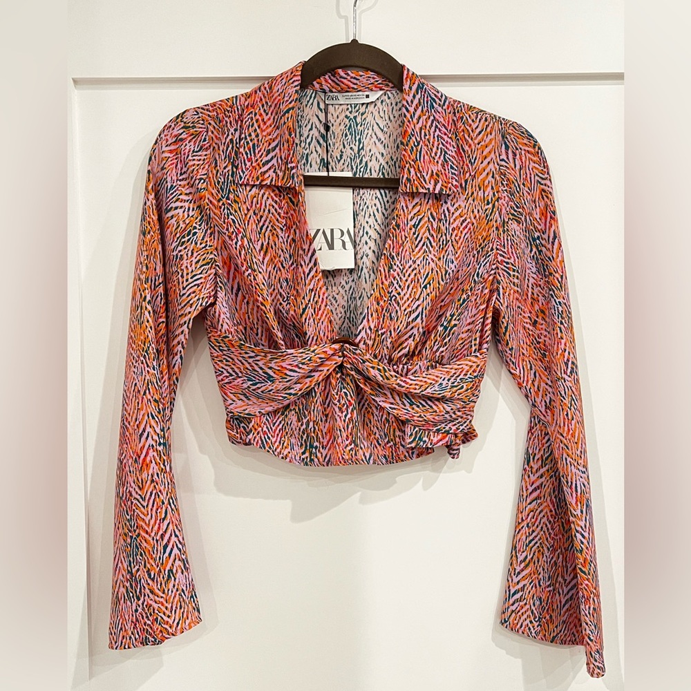 Zara Printed Long Sleeve Crop Top NWT